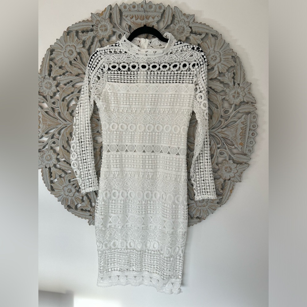 White Lace Midi Dress – Long Sleeve, High Neck, Boho Chic Style